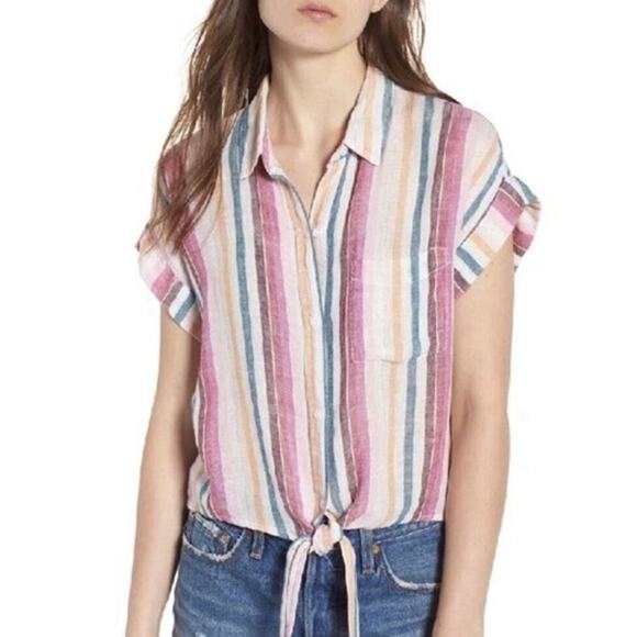 Rails Amelie Avila Metallic Stripe Top Button Down Tie Front Linen Blend XS - Picture 1 of 7